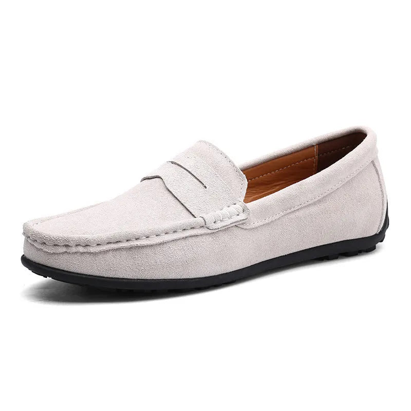 Men's brown suede casual slip-on loafers with a round toe and flat rubber sole