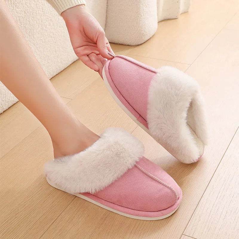 Women's plush winter slippers with round toe, flat heel, and PVC anti-slip sole