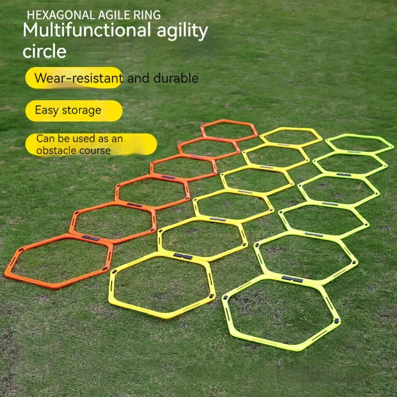 Set of six foldable yellow hexagon plastic agility training rings for sports drills.