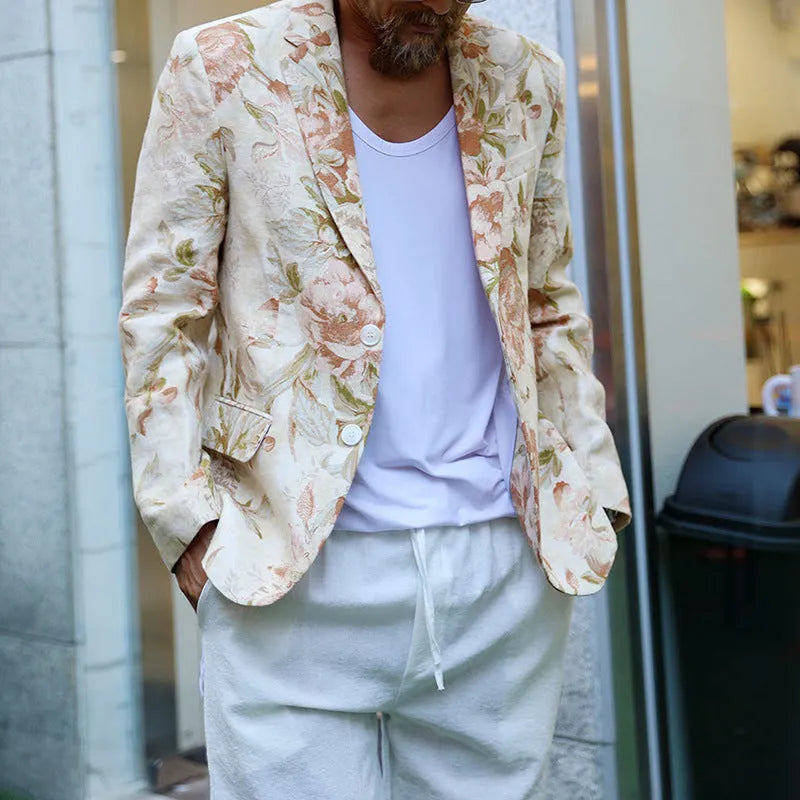 White casual fashion printing suit for men with long sleeves and polyester fabric, shown on model