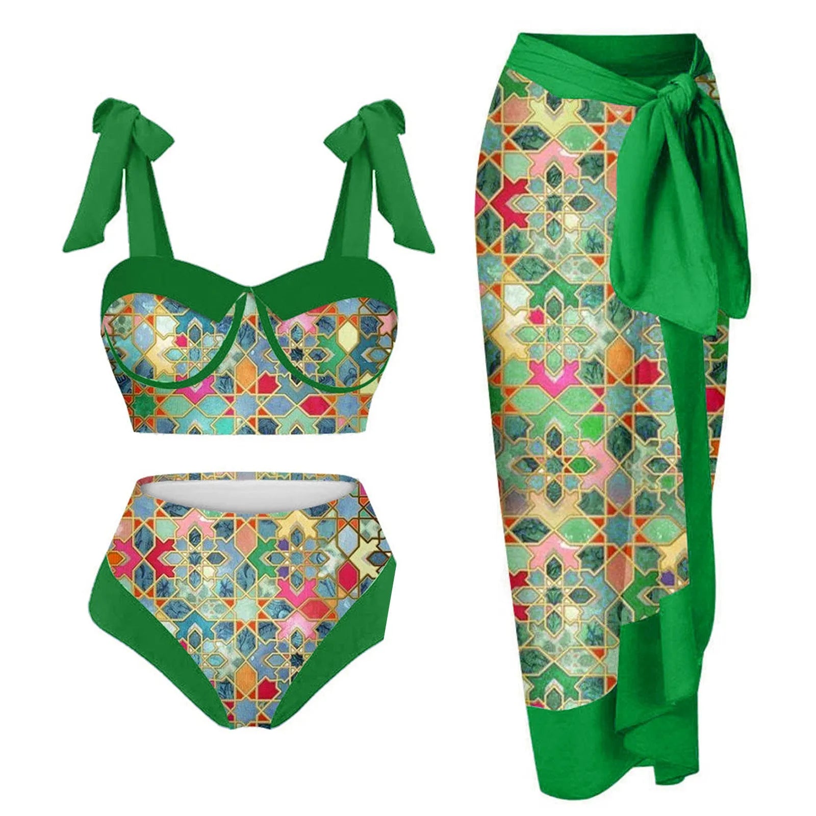Women's printed three-piece swimming costume with bra, skirt and briefs in polyester fabric