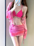 Women's blue four-piece bikini swimsuit set with high-waisted briefs, shirt, and skirt on mannequin