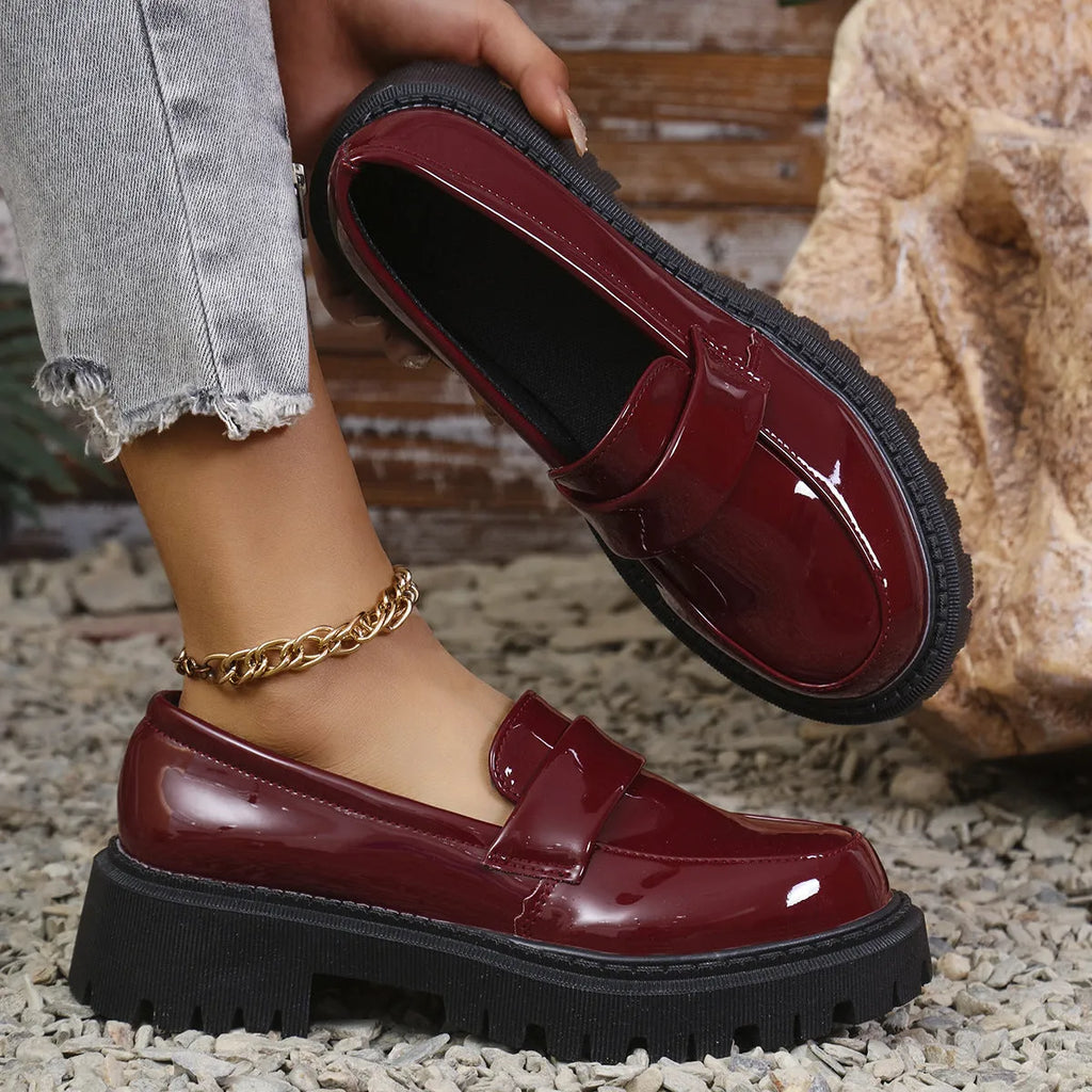 Plus size British style slip-on loafers with chunky platform heel in black, wine red, and green colours