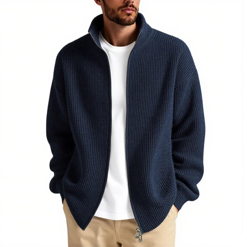 Loose-fit grey men's cardigan sweater on a hanger, front view.
