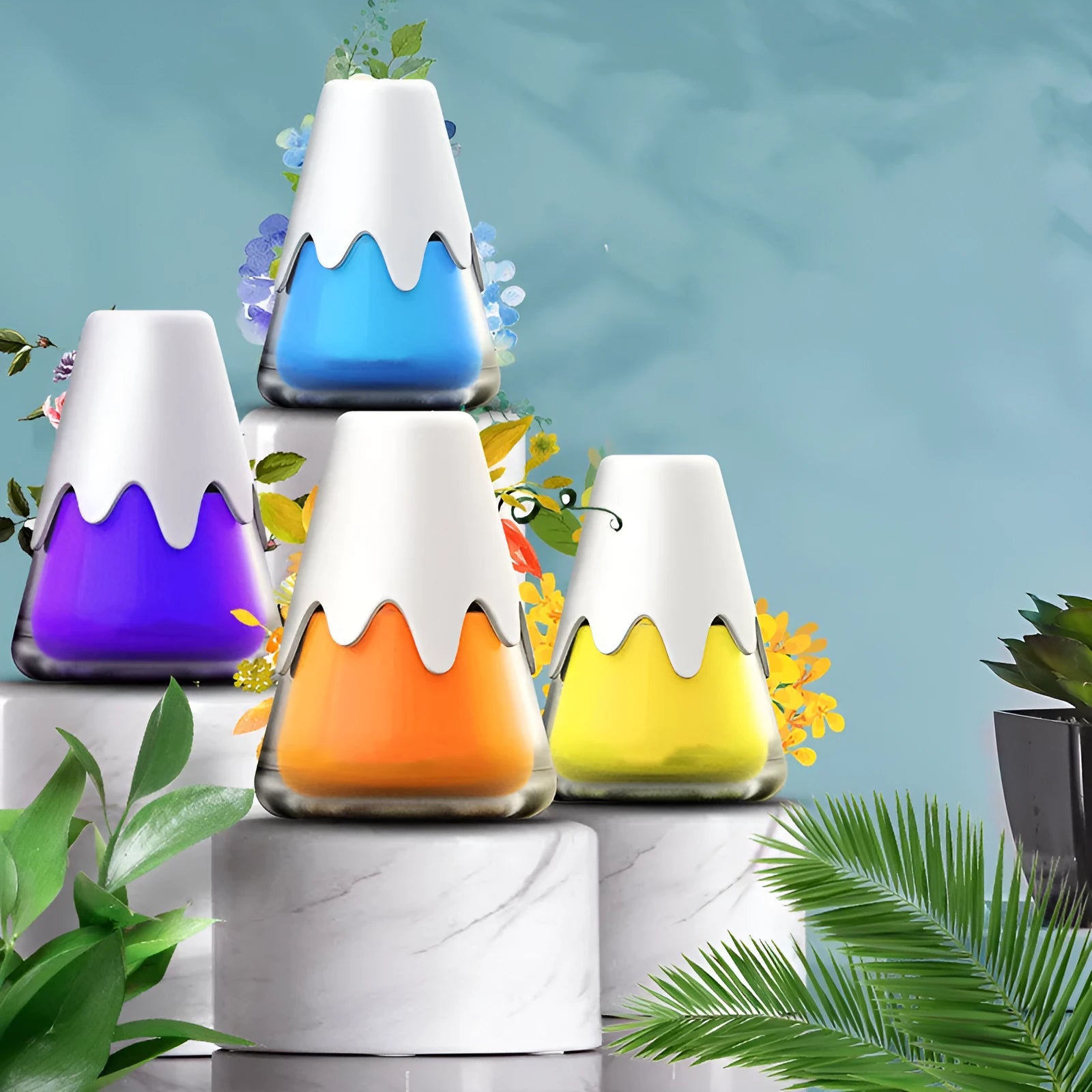 Snow mountain car aromatherapy diffuser with glass jar in purple, lime, laurel, or blue colour options