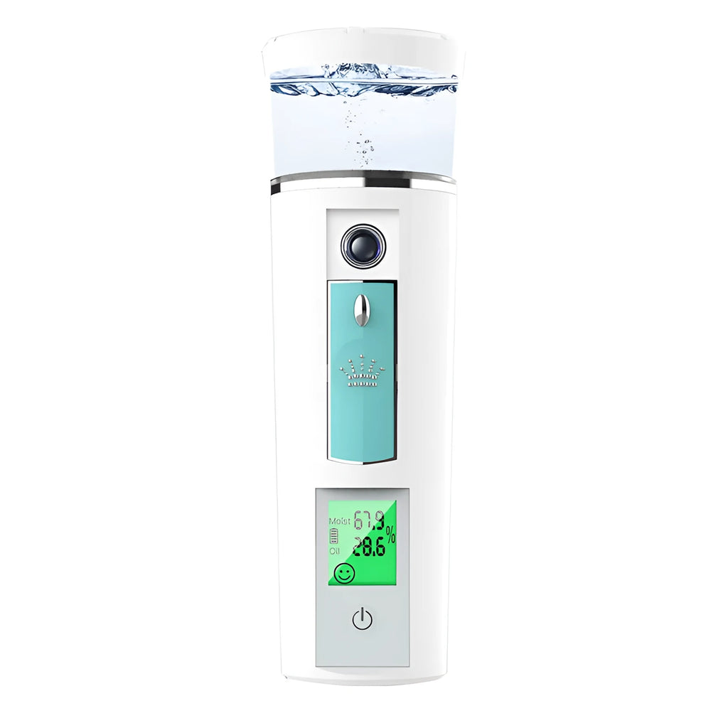 White rechargeable USB portable facial moisturiser spray 15cm by 4.5cm on a table