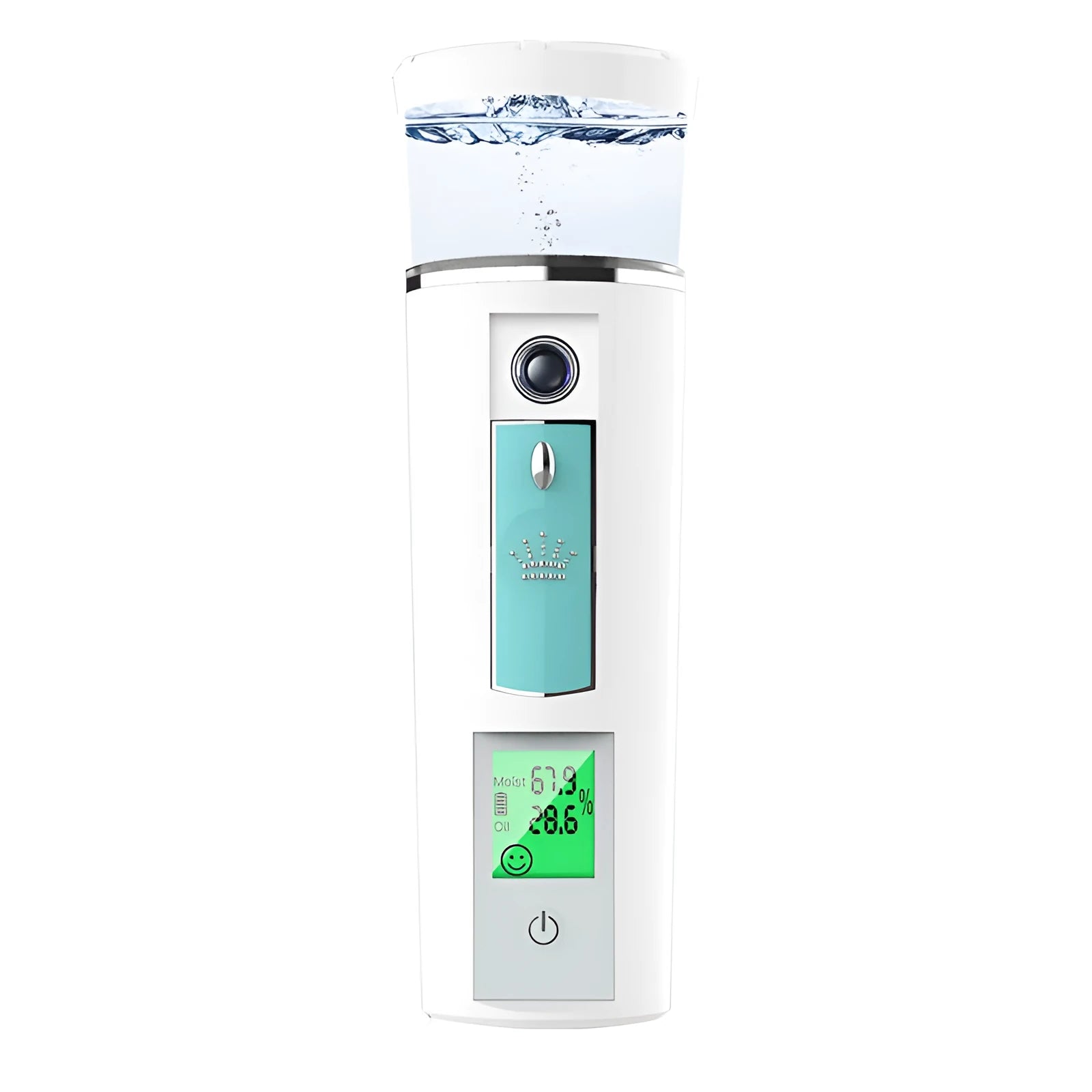 White rechargeable USB portable facial moisturiser spray 15cm by 4.5cm on a table