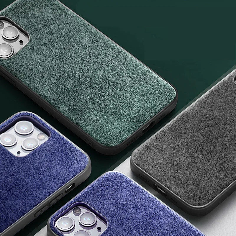 Suede iPhone case showing full-cover design in dark blue colour