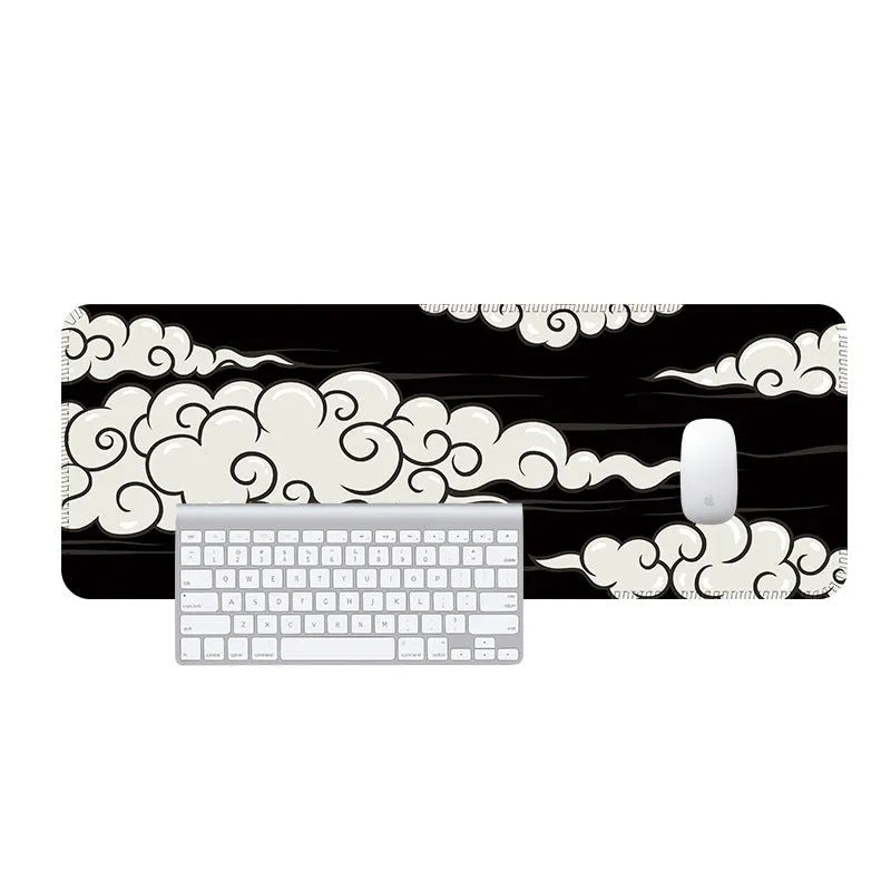 Large natural rubber desk mat with Japanese minimalist pattern on a wooden desk
