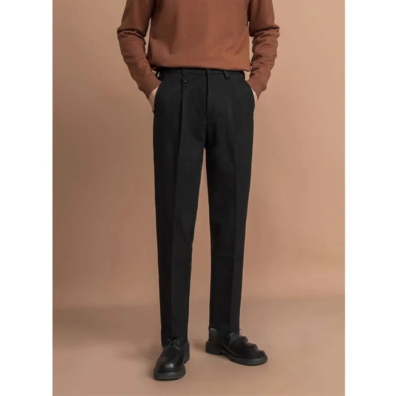 Men's straight-leg polyester trousers in a draped silhouette, shown in khaki colour.