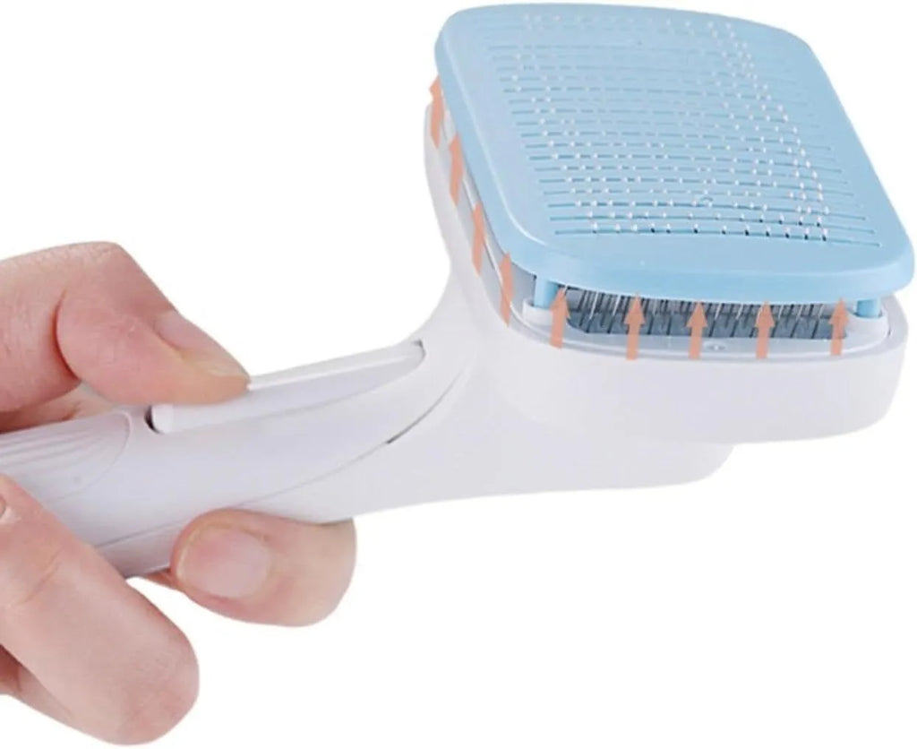 Automatic pet hair removal comb for dogs and cats in blue, grey, green, and pink colour options