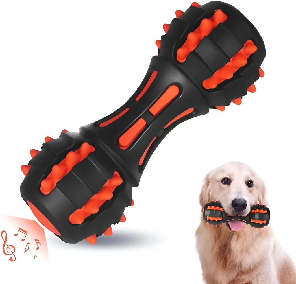 Red rubber dumbbell-shaped dog chew toy with double-layer construction for aggressive chewers
