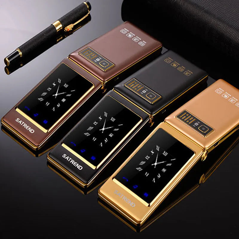 Dual Screen Flip A15 mobile phone in black showing both internal touch screen and external display.
