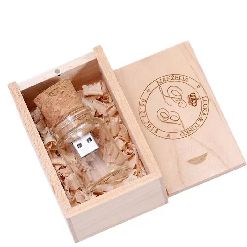 Transparent bottle-shaped USB flash drive with bamboo wood stopper showing drift bottle design