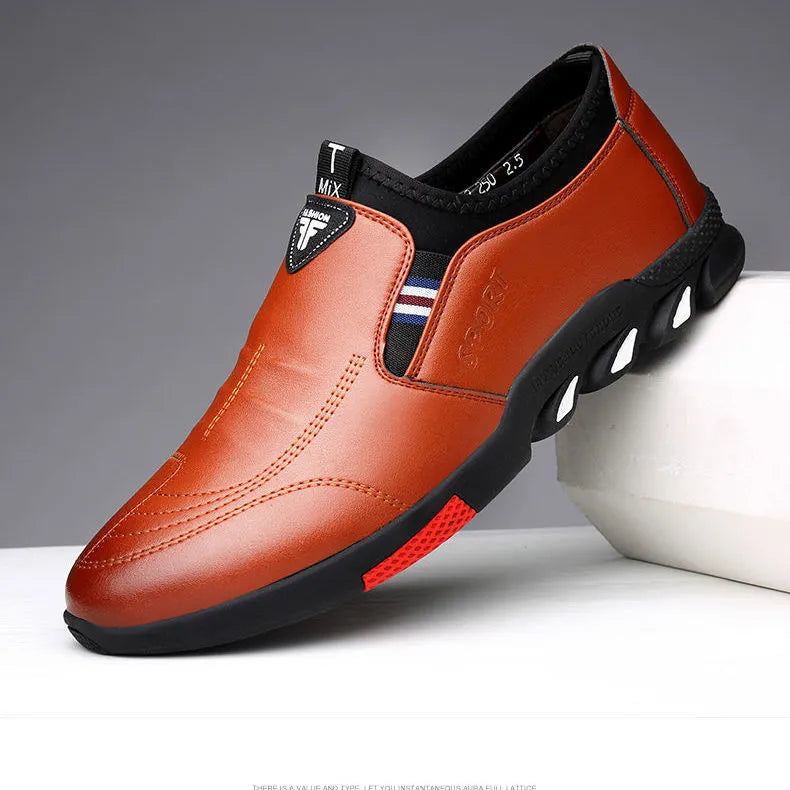 Men's black and brown PU leather shoes with flat heel and plain toe design