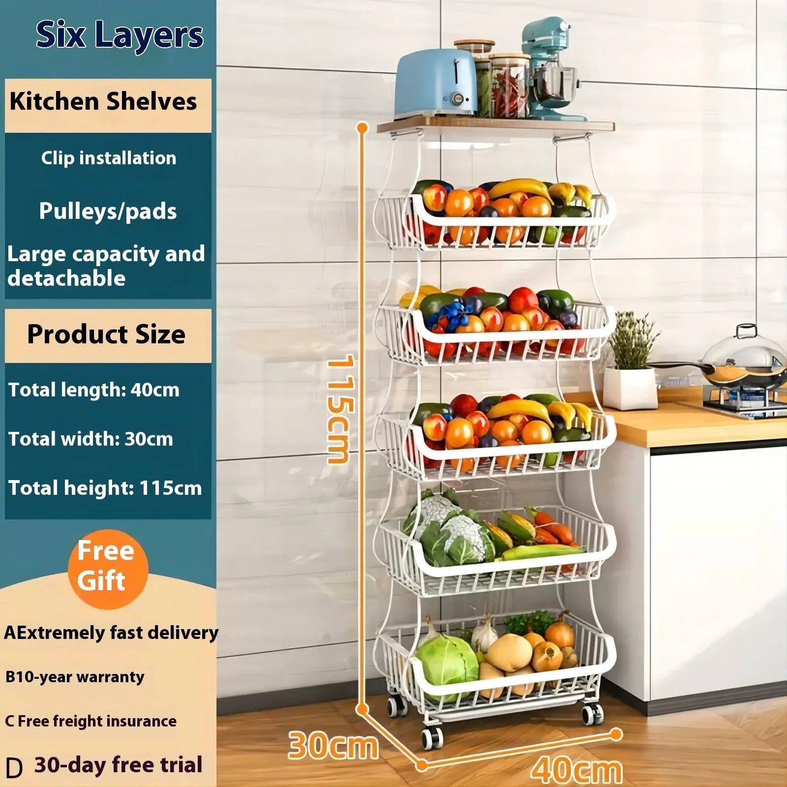 Black six-layer floor-standing kitchen storage trolley with carbon steel construction