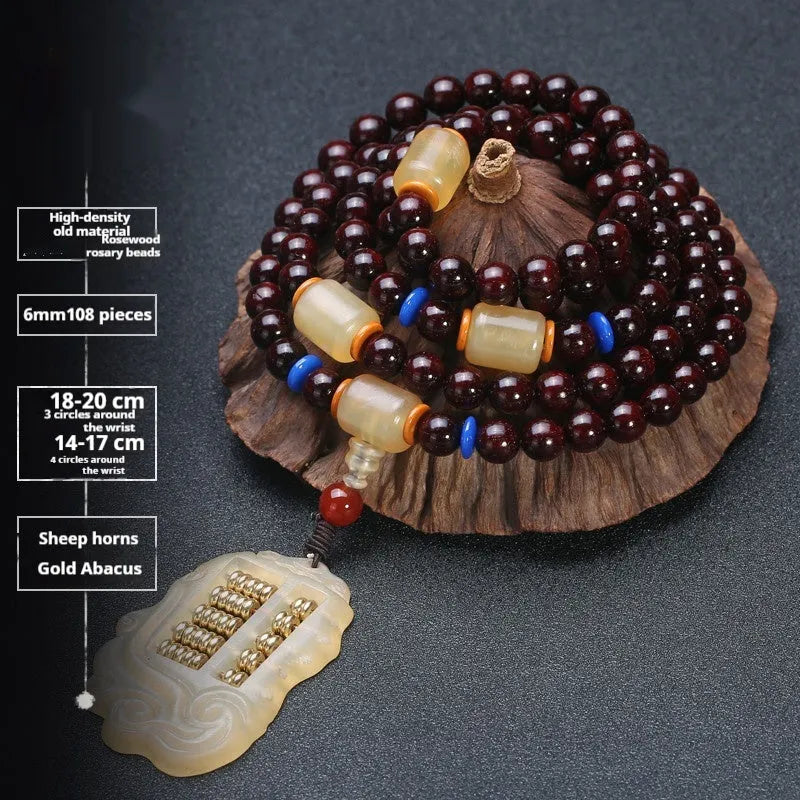 Men's rosewood bead bracelet with 108 beads, shown in a choice of lapis lazuli, turquoise, or red agate styles.