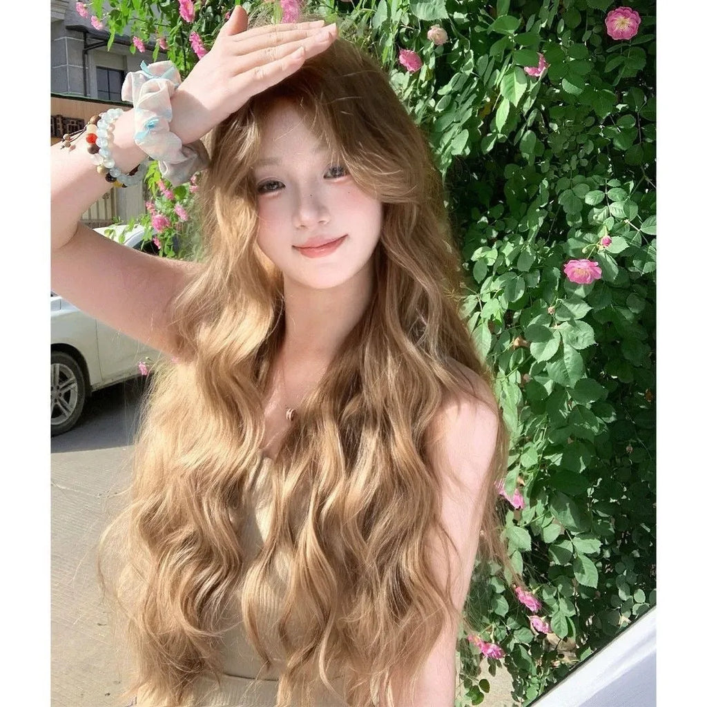 Linen brown medium length curly synthetic wig with hair net