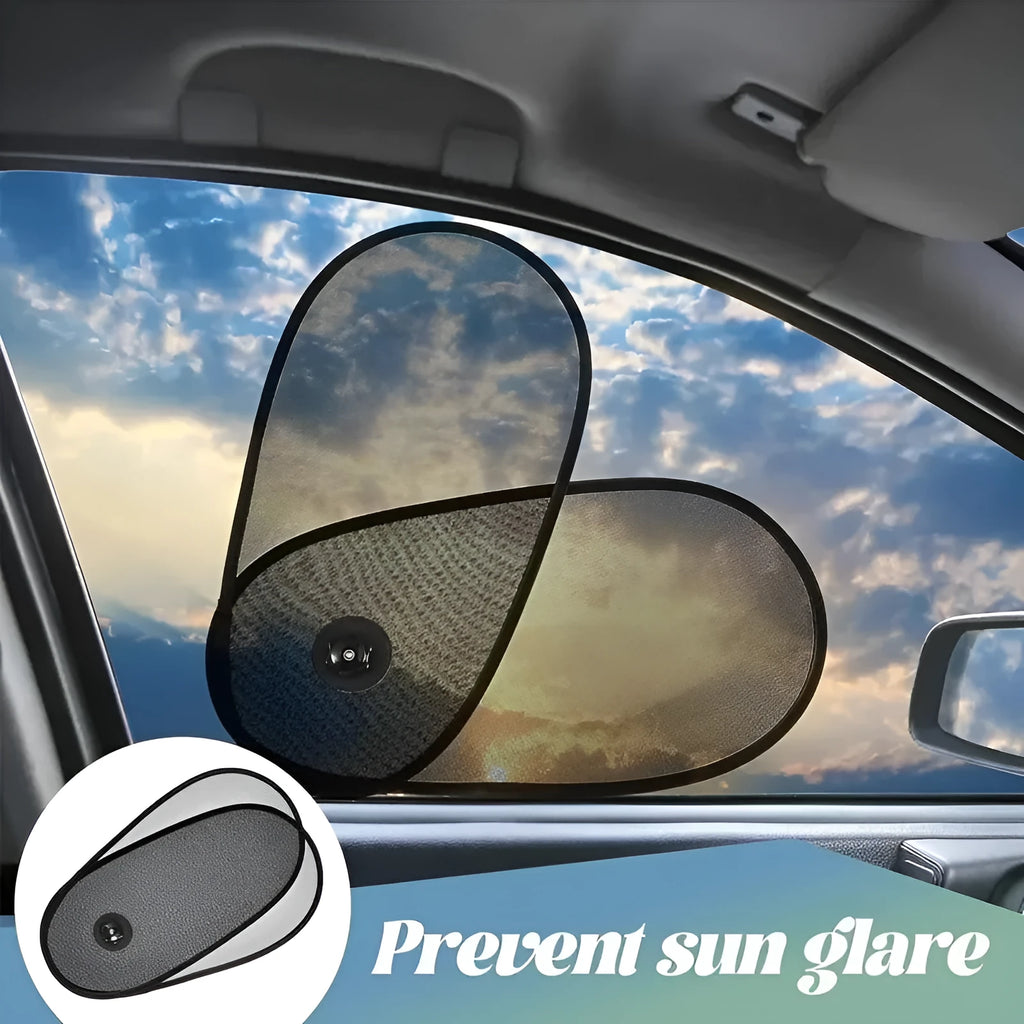 Black breathable car window shade with suction cups attached to vehicle side window