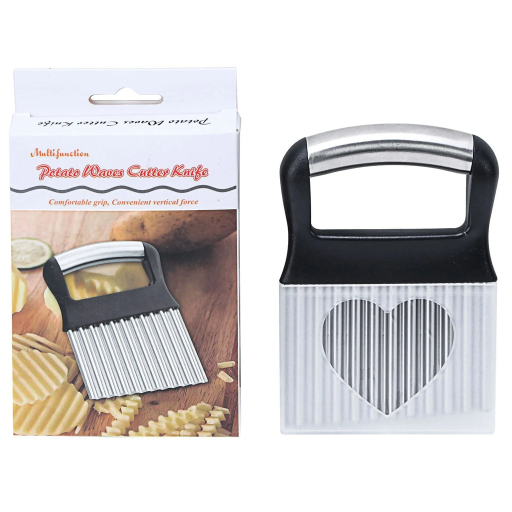 Stainless steel potato wave knife for cutting crinkle chips, shown in black on a kitchen surface.