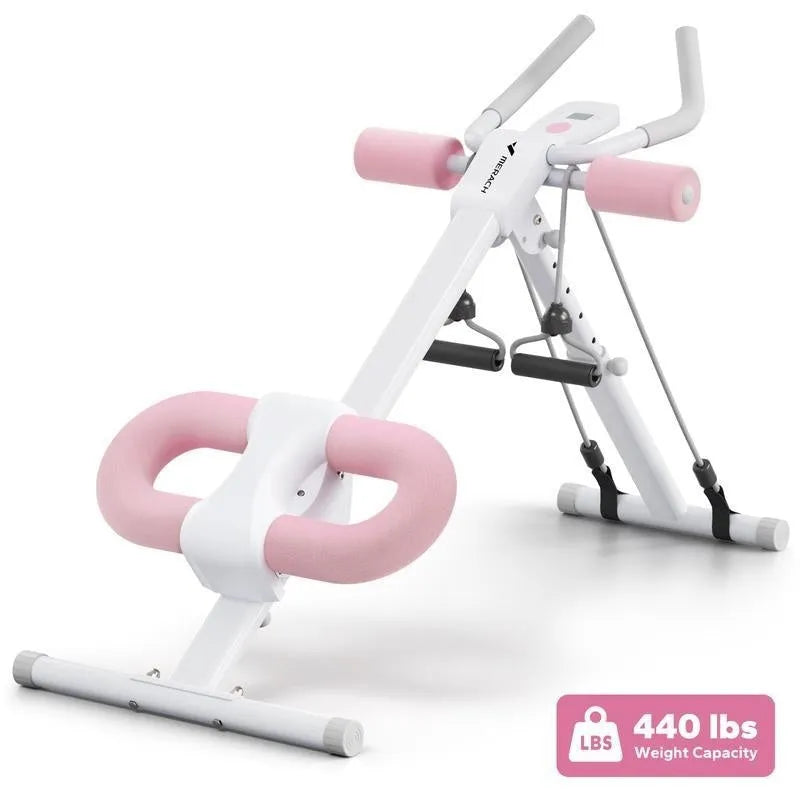 AB Rocket waist-shaping machine with steel frame, foam padding, and blue count drawstring for home core fitness