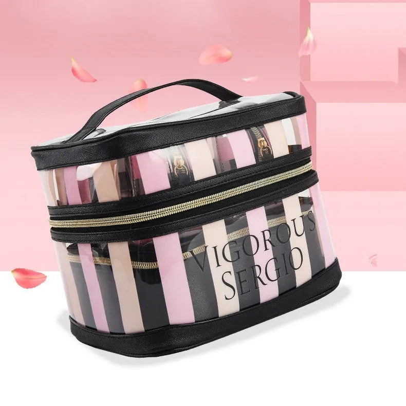 Pink bold stripes floral pattern folding makeup bag with waterproof synthetic leather material