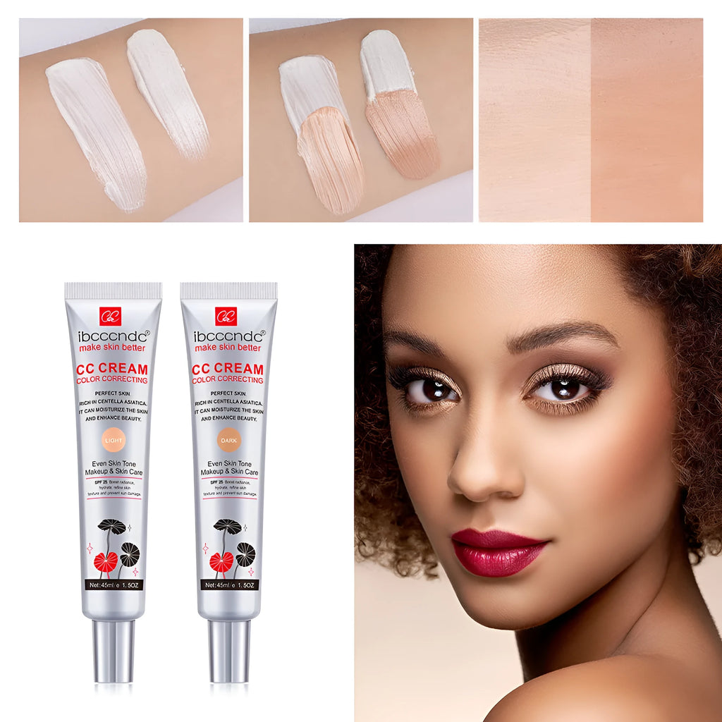 Erborian CC Cream tube in dark and light shade options for colour correcting makeup.