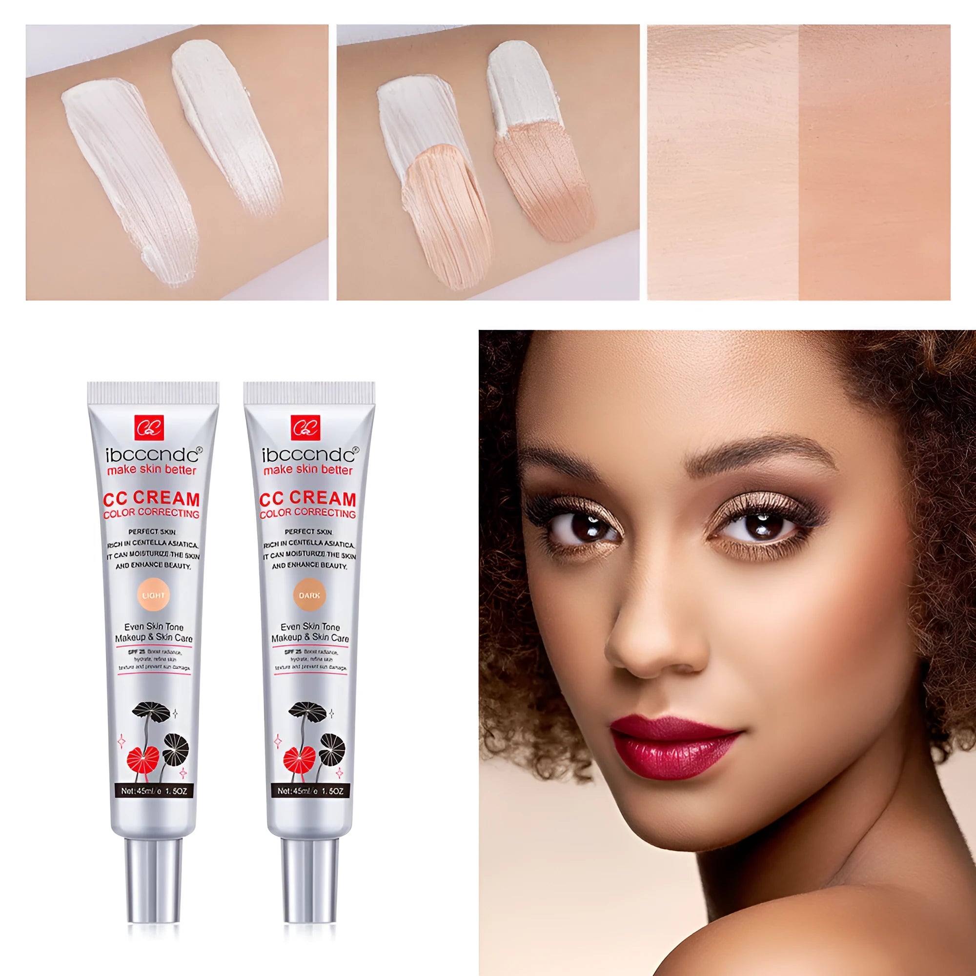 Erborian CC Cream tube in dark and light shade options for colour correcting makeup.