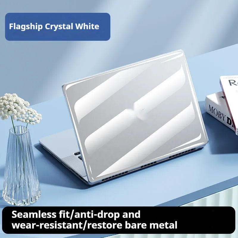 Transparent MacBook protective shell case for Air and Pro models showing port cutouts