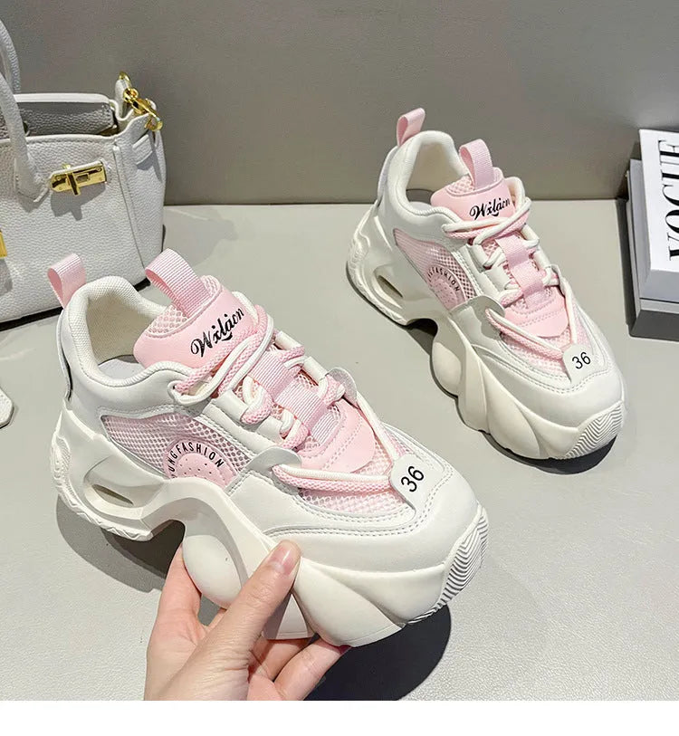 Women's casual thick bottom sneakers in beige artificial PU with mesh lining and mid heel