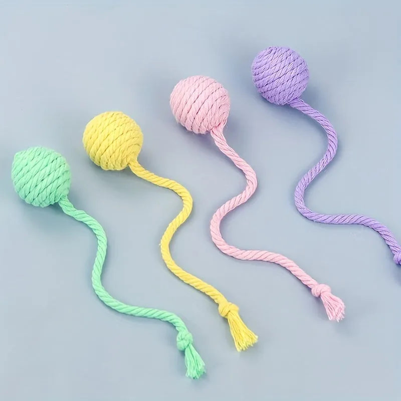 Colourful cat toy ball with rope tail and internal jingle bell in two size options