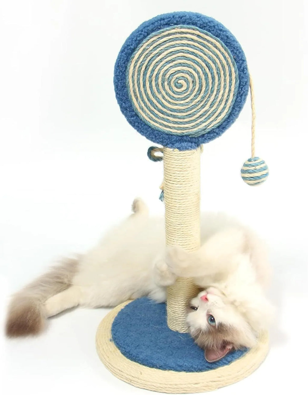 Cat scratching post with natural sisal rope surface and hanging ball toy on heavy-duty stable base