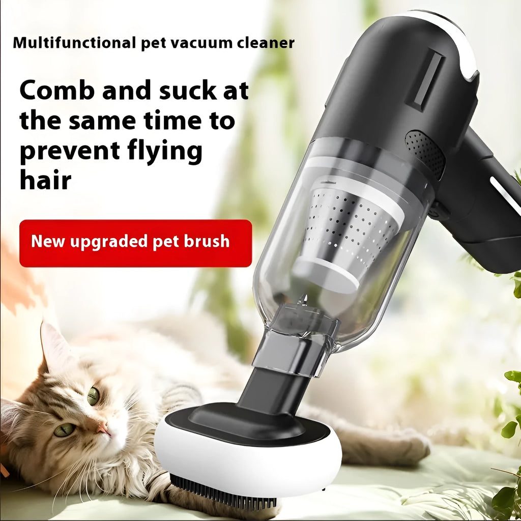 Handheld cordless pet hair vacuum cleaner with attachments on a grey sofa.