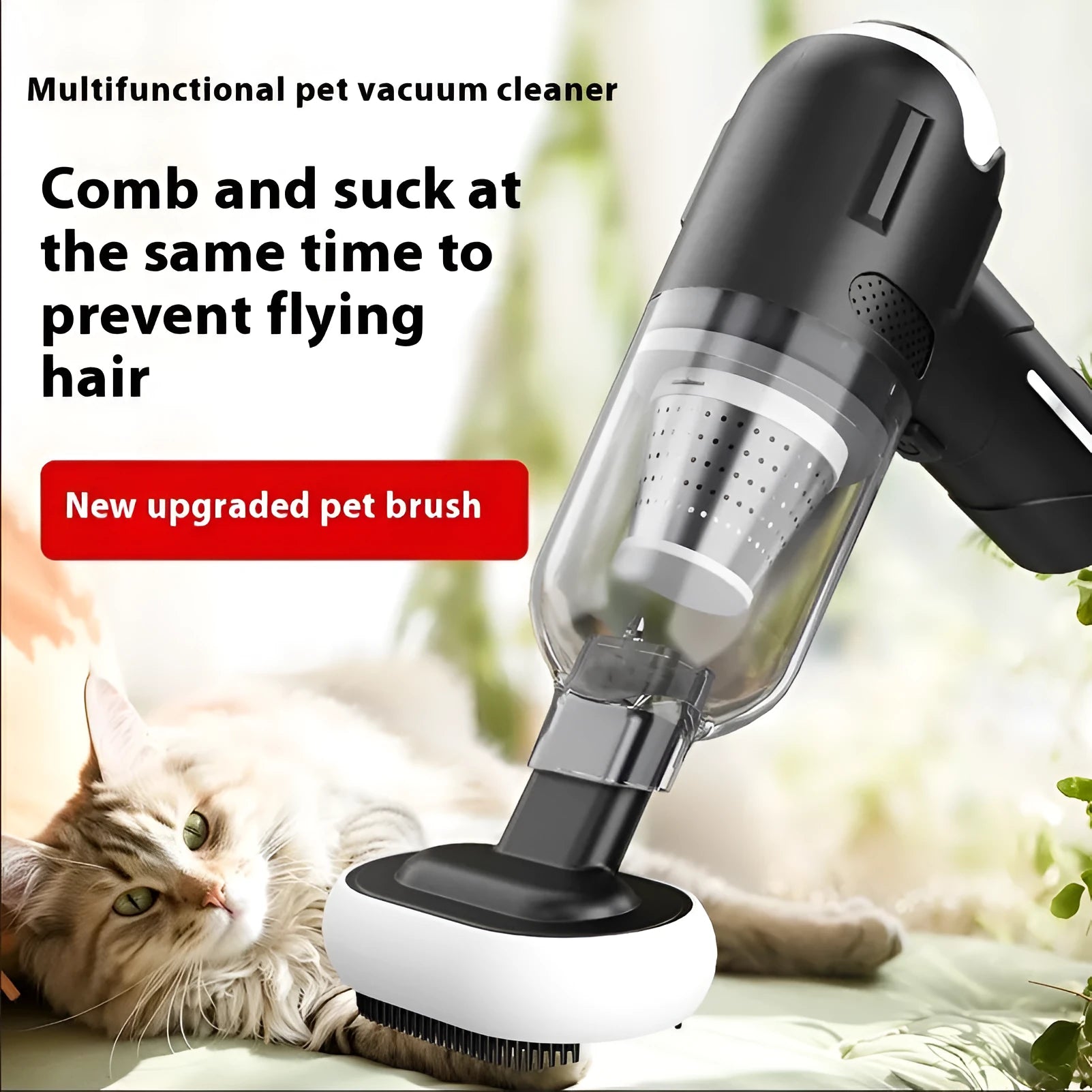 Handheld cordless pet hair vacuum cleaner with attachments on a grey sofa.
