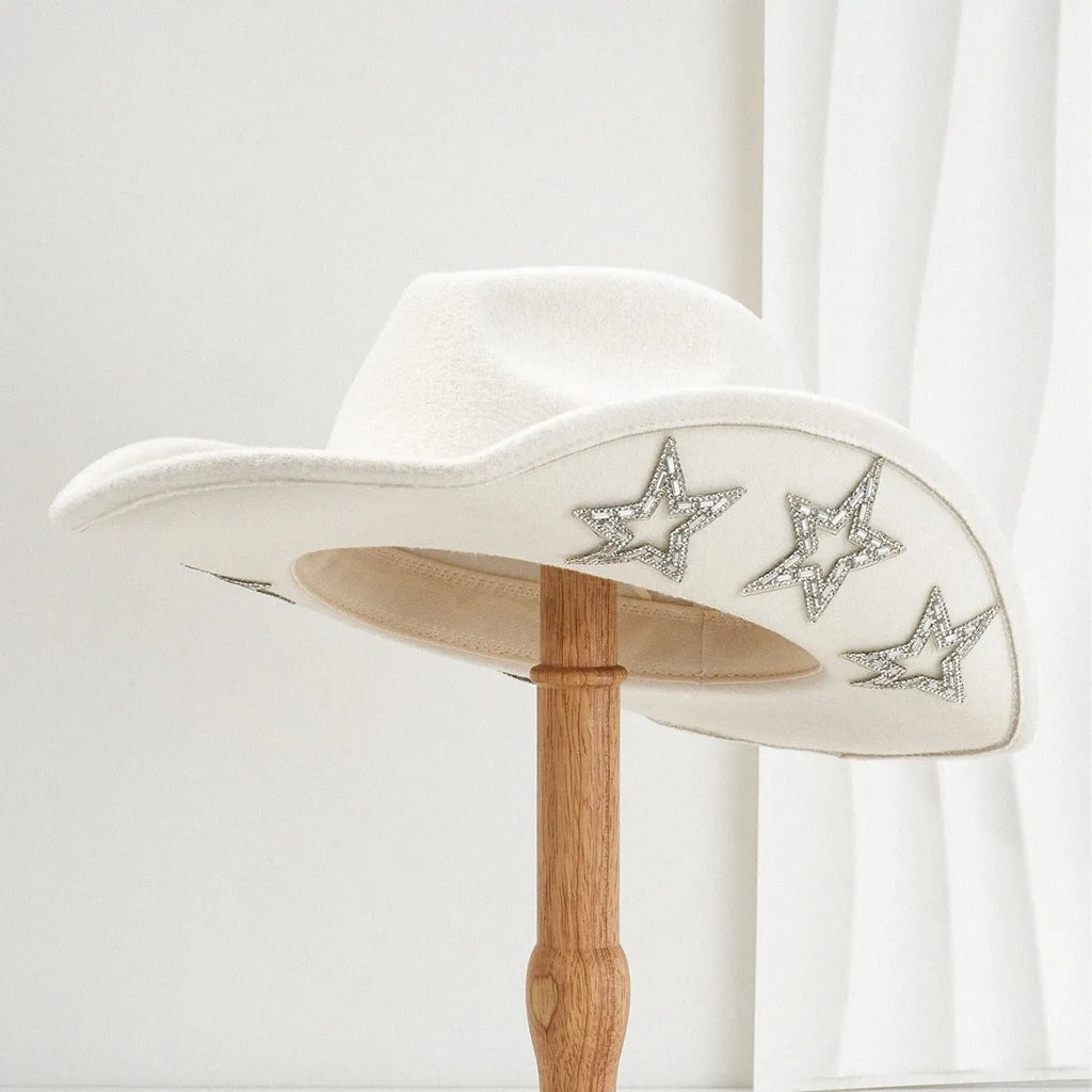 Polyester woven western cowboy hat with conical crown in beige colour with hexagonal star details