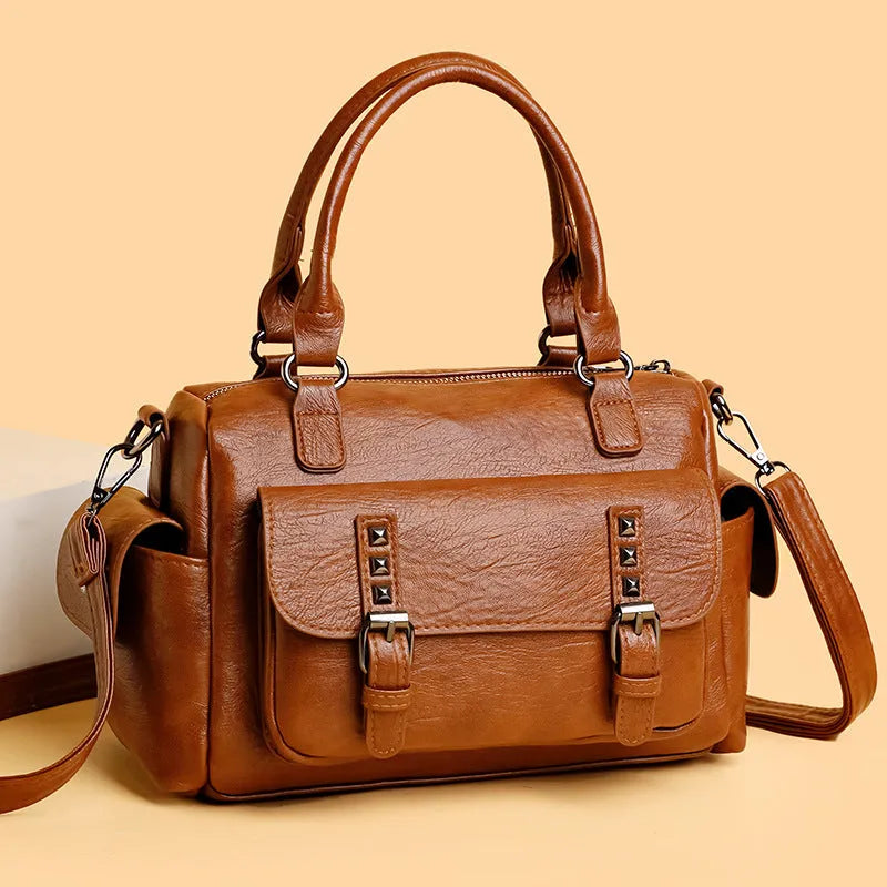 Vintage style large messenger bag in PU leather with contrast stitching, shown in a horizontal square shape.