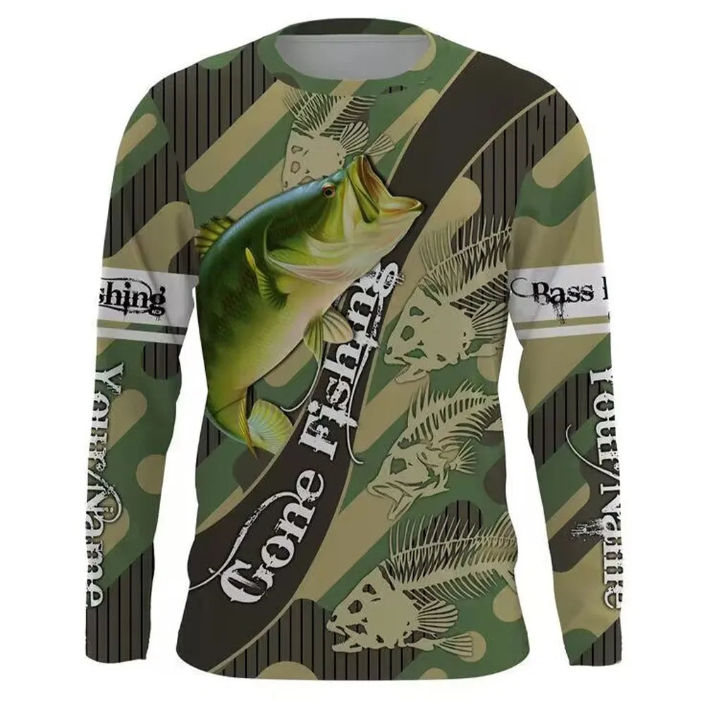 Men's grey round neck pullover with a colourful printed fish design on the front.