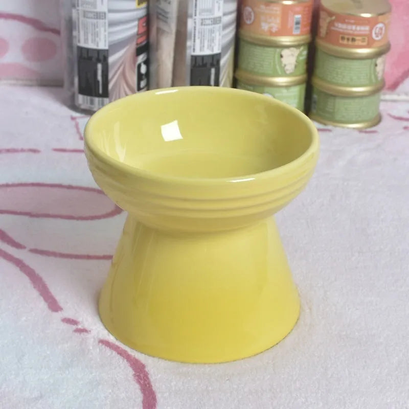 Black ceramic pet bowl with high foot and neck protector for dogs and cats