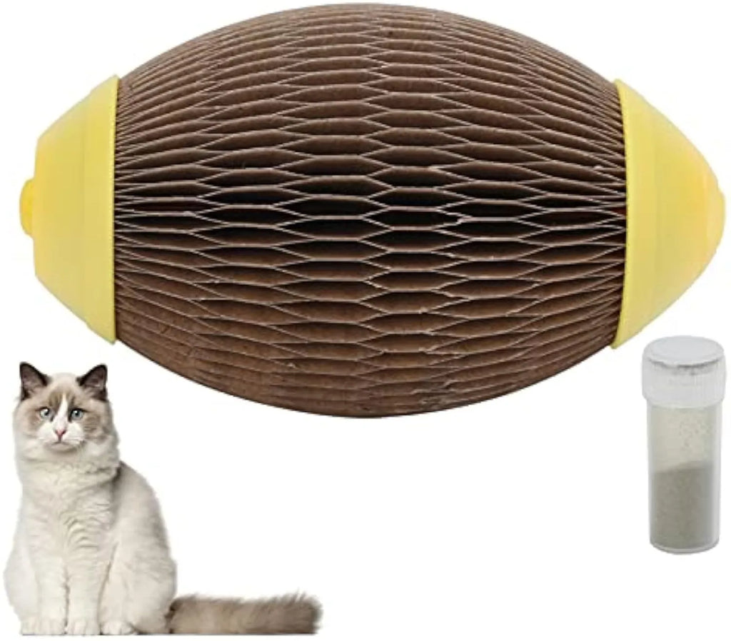 Elliptical corrugated paper catnip football toy with textured scratch surface