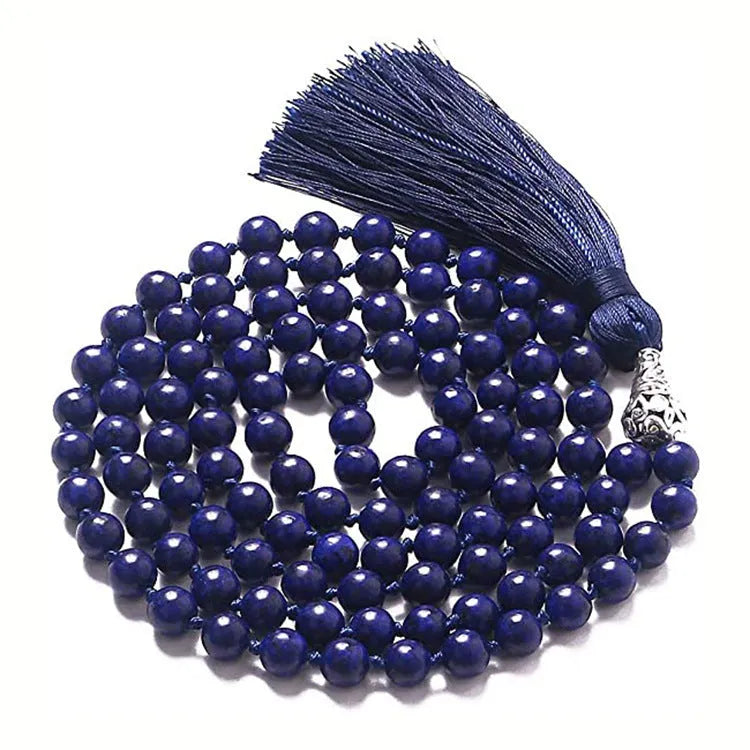 Long geometric agate tassel necklace with mixed gemstone beads including lapis lazuli and turquoise