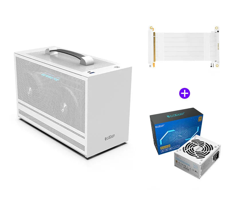 Three Hummingbird PRO portable ITX desktop chassis in titanium gray or white with tinned steel construction