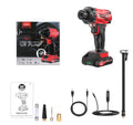 Red and black portable car wireless air pump with digital display, nozzles, and power cables.
