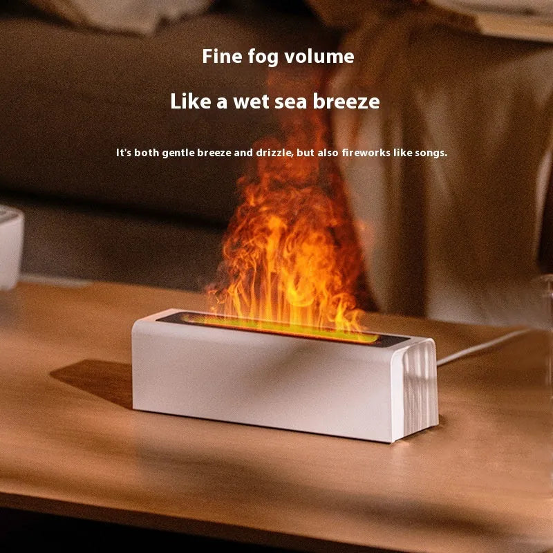 Square USB plug-in aroma diffuser with colourful flame lighting effect on wooden surface