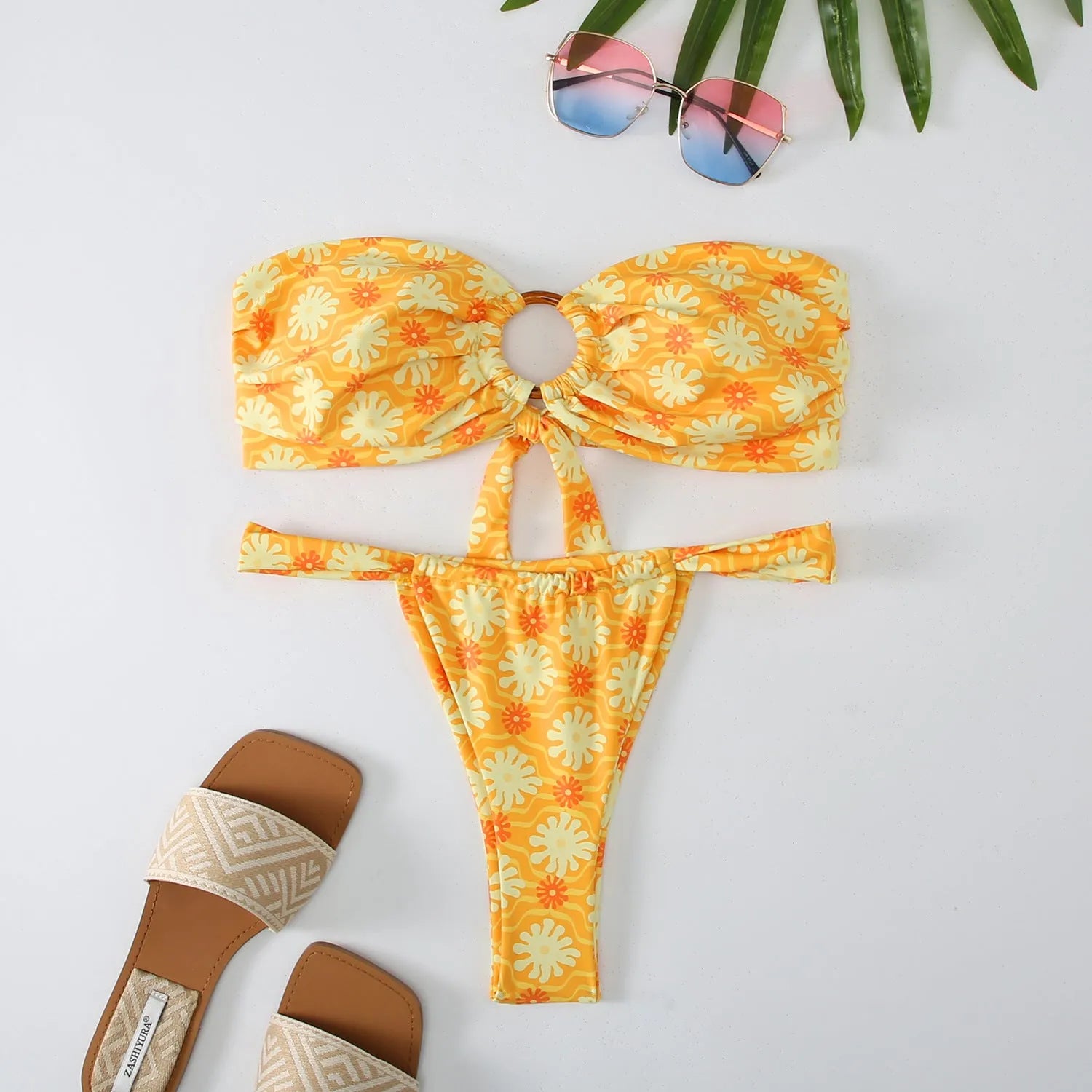 Women's floral print tube top ring bikini swimsuit with backless briefs design