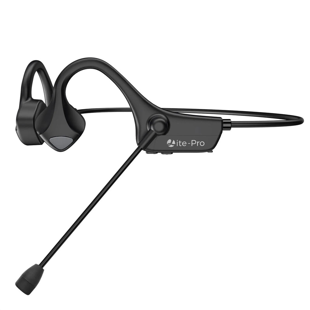 Black bone conduction ear-mounted Bluetooth headset with sports style design on a plain background