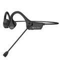 Black bone conduction ear-mounted Bluetooth headset with sports style design on a plain background