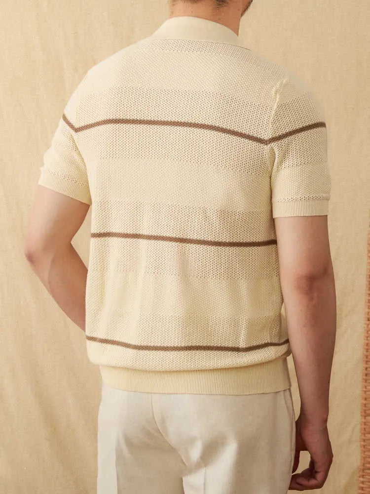 Casual lapel cardigan in thin cotton linen blend fabric, camel colour with short sleeves
