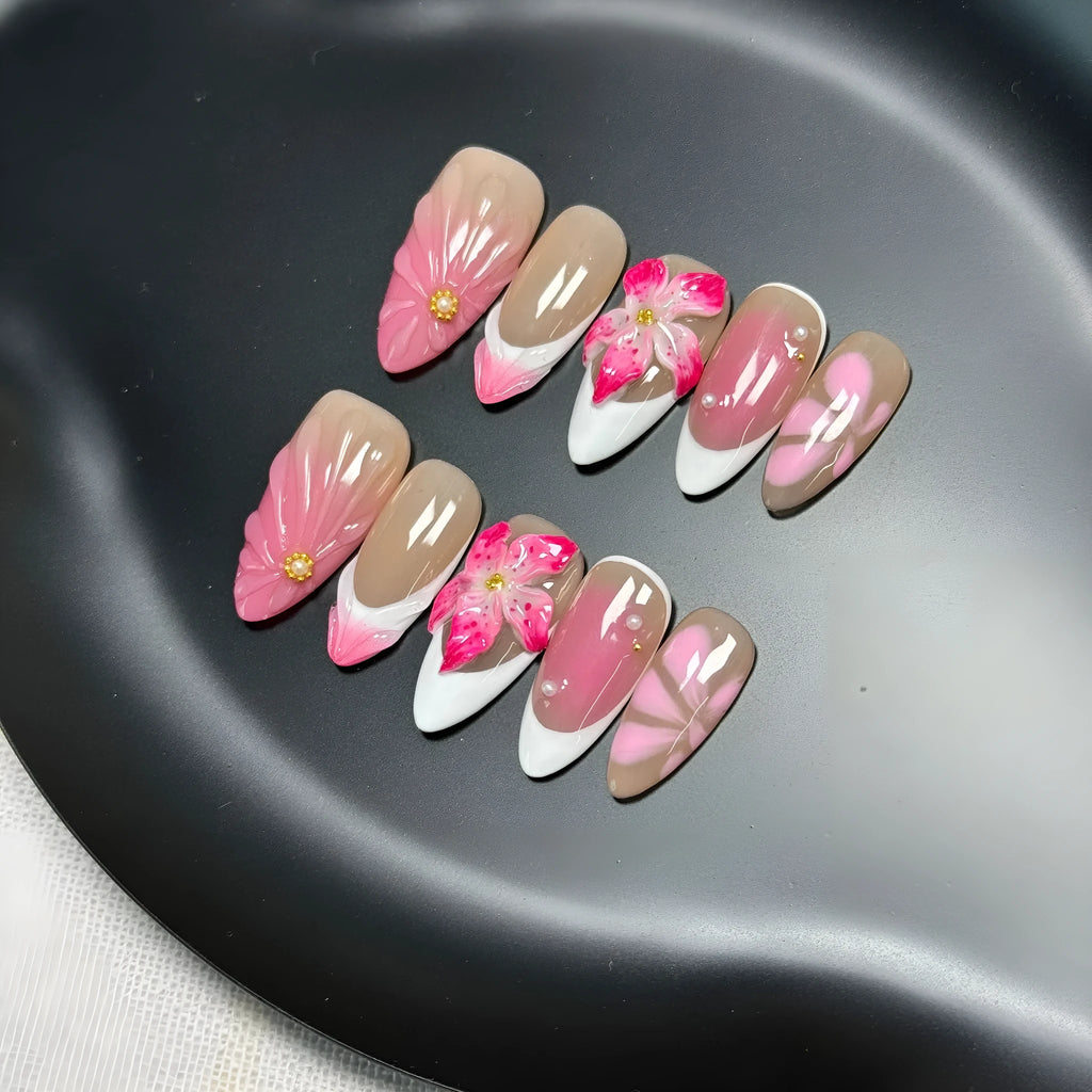 French style lily fluid ice flower three-dimensional plastic nail art tips with almond wearable design
