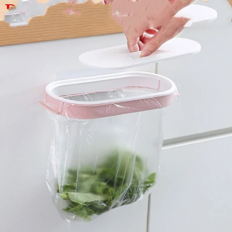 Blue plastic kitchen garbage bag storage rack mounted inside a cabinet.