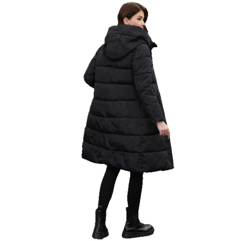 Black men's hooded slim-fit long jacket made of thickened polyester fabric.